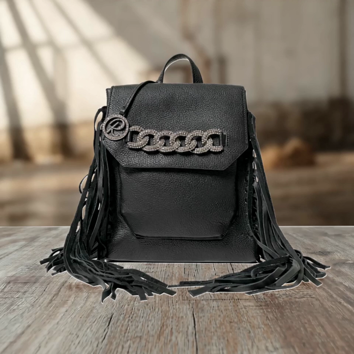 Raviani Western Fringe Backpack with crystals in black pebble grain ...